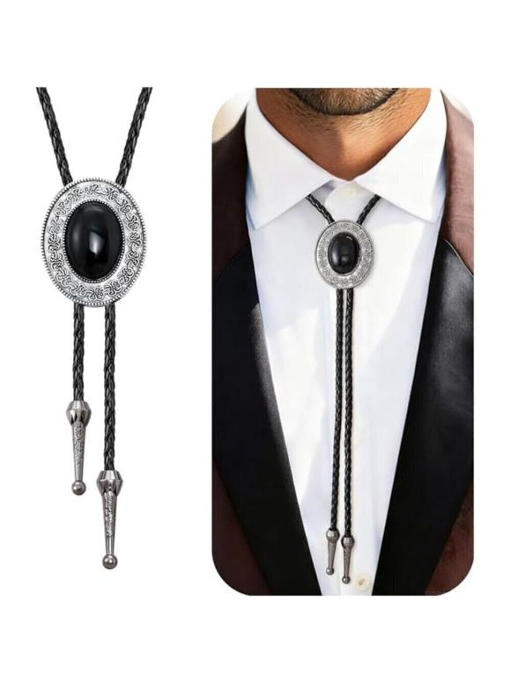 Black Stone Black Tie For Men's Cowboy Costume Leather Necktie Rope Western